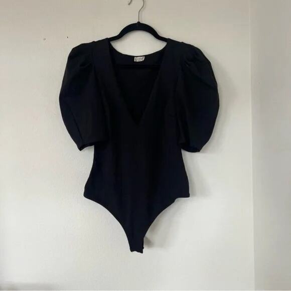 Free People Va Va Voop Black Puff Sleeve V-Neck Bodysuit - Picture 2 of 6